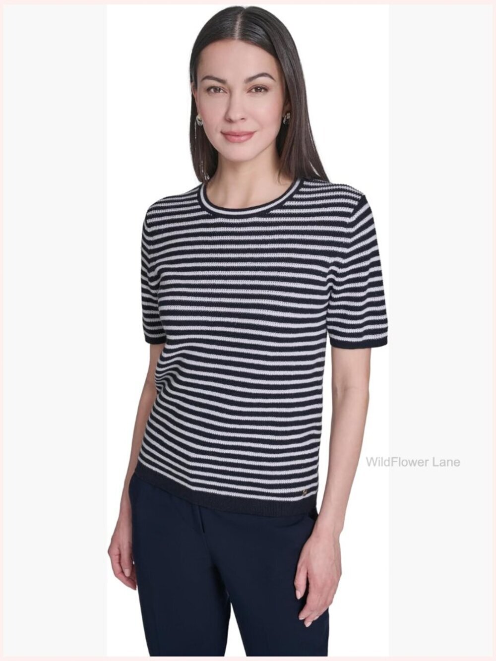 Short Sleeve Striped Sweater Top Crew Neck Cotton Blend